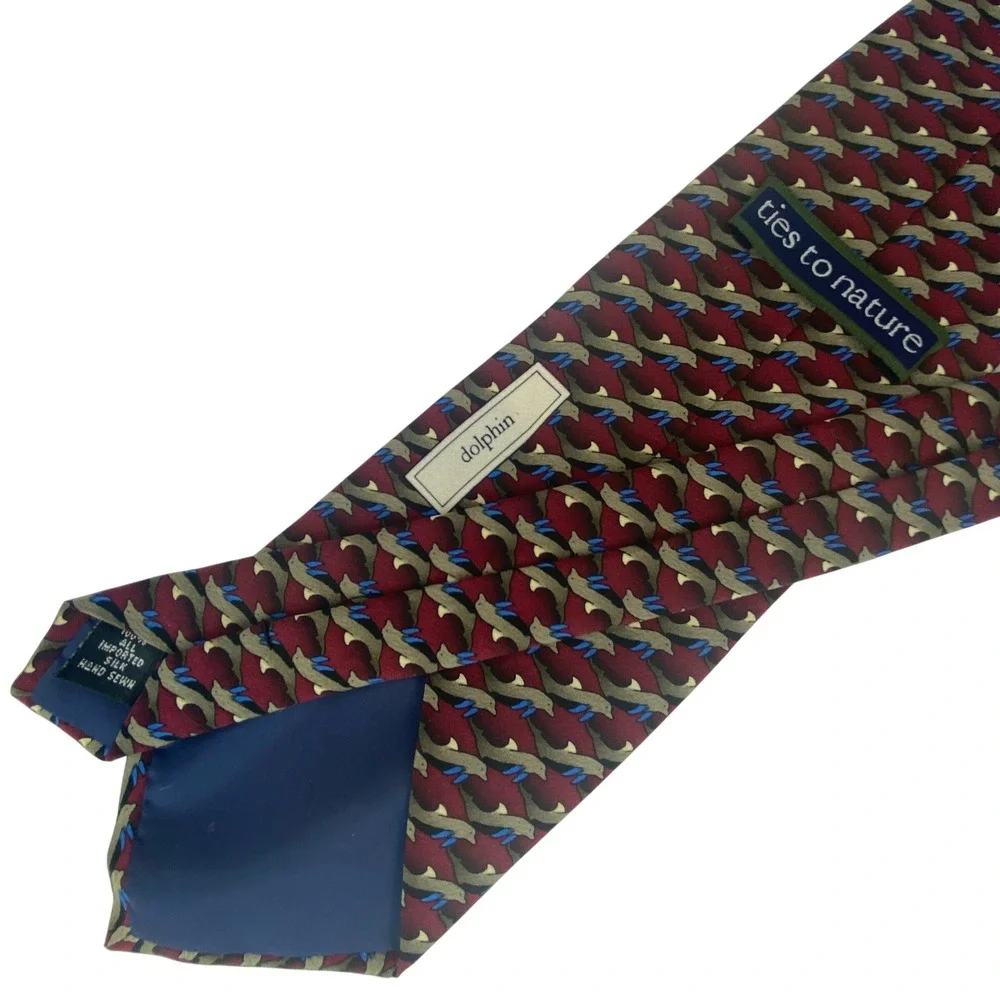 Ties to Nature Mens Neck Tie Burgundy Dolphin Porpoise Pattern Novelty Silk 59x4